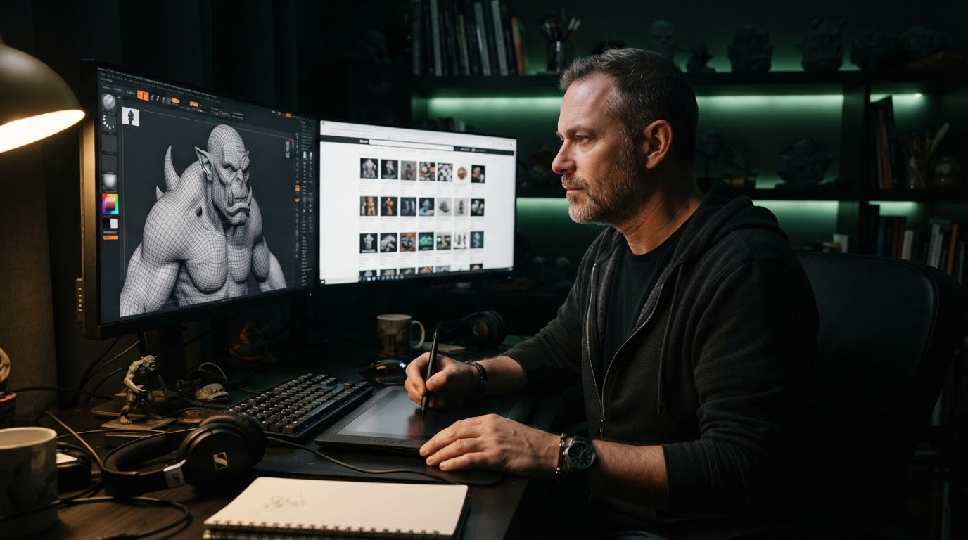 3D artist with a pen tablet comparing a digital sculpt and a marketplace listing grid