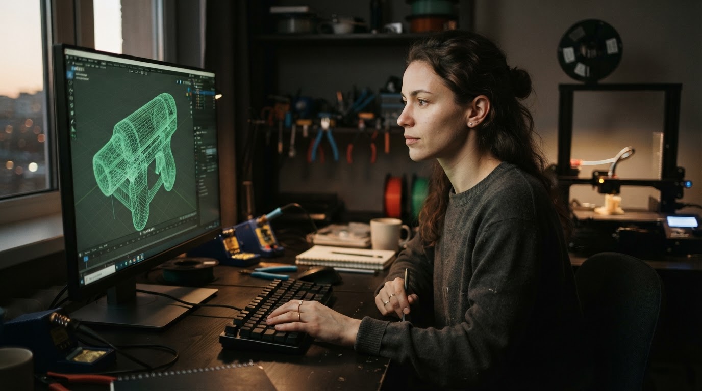 Maker reviewing a green wireframe mesh of a 3D model on a monitor next to a 3D printer