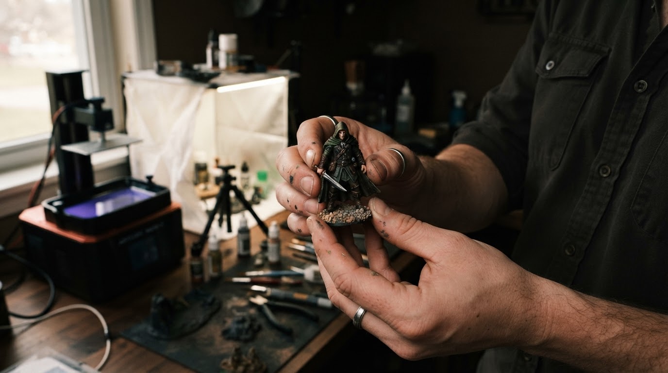 Hands holding a freshly 3D printed miniature beside a resin printer and photo lightbox