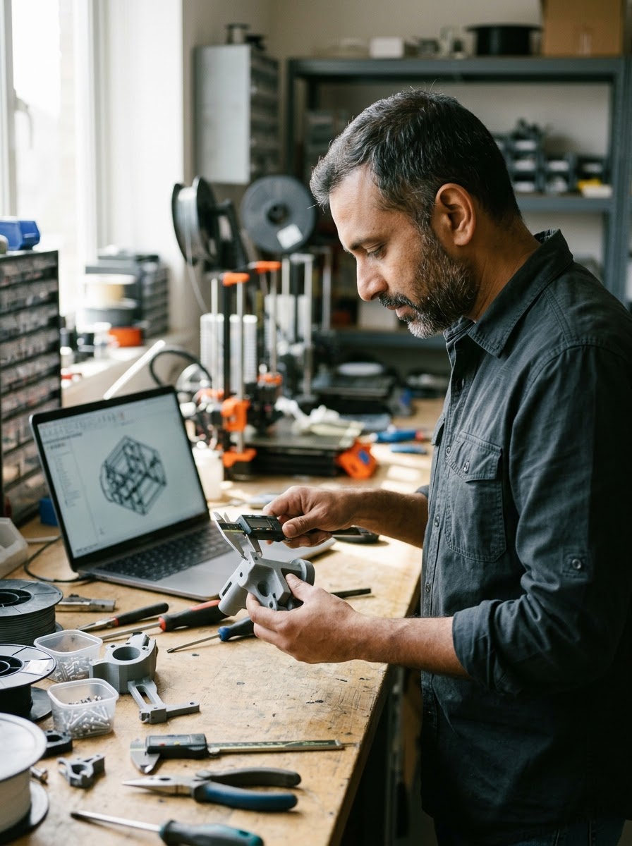 Engineer measuring a 3D-printed part with digital calipers next to CAD wireframe on a laptop