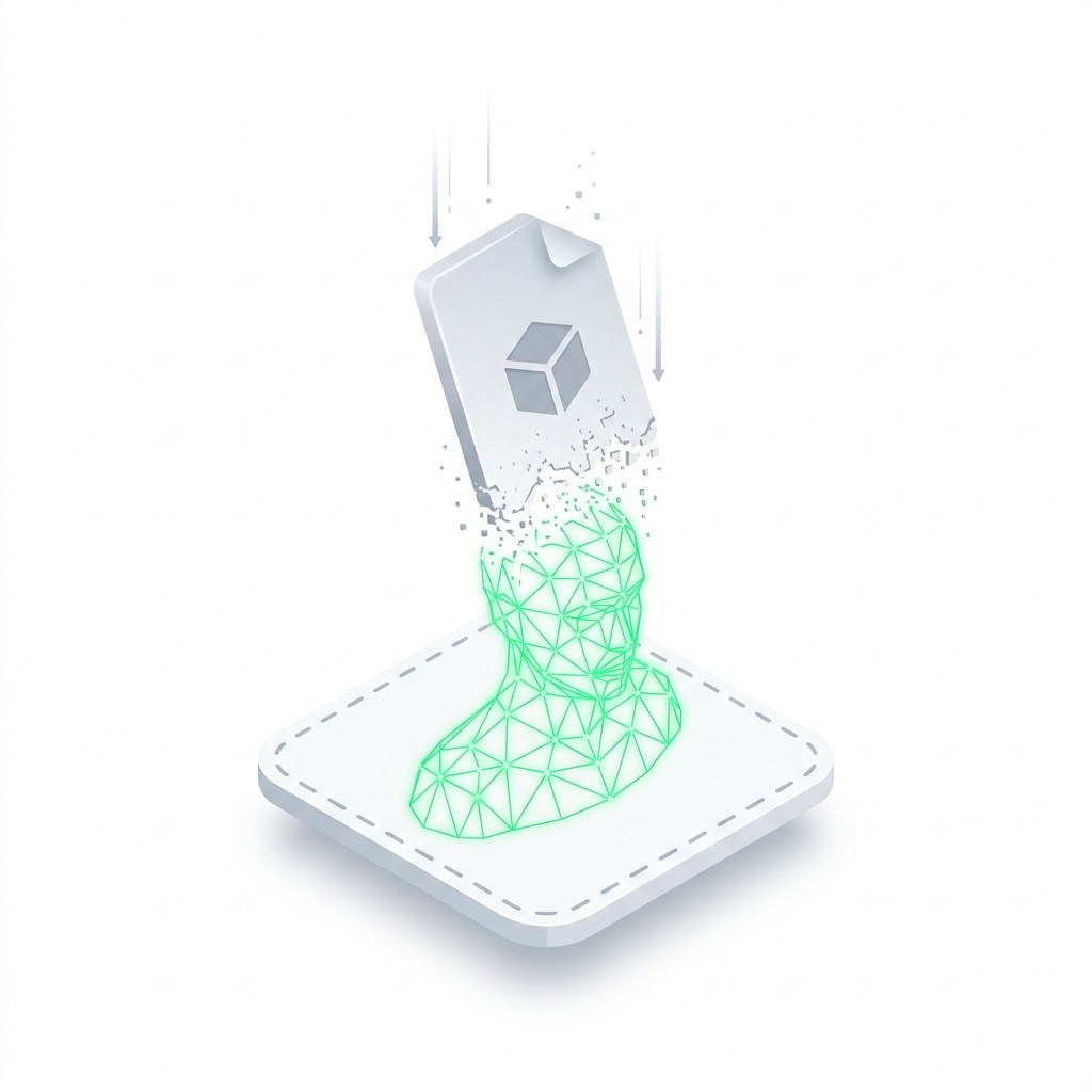A 3D model file dropping into an upload zone and turning into a wireframe mesh