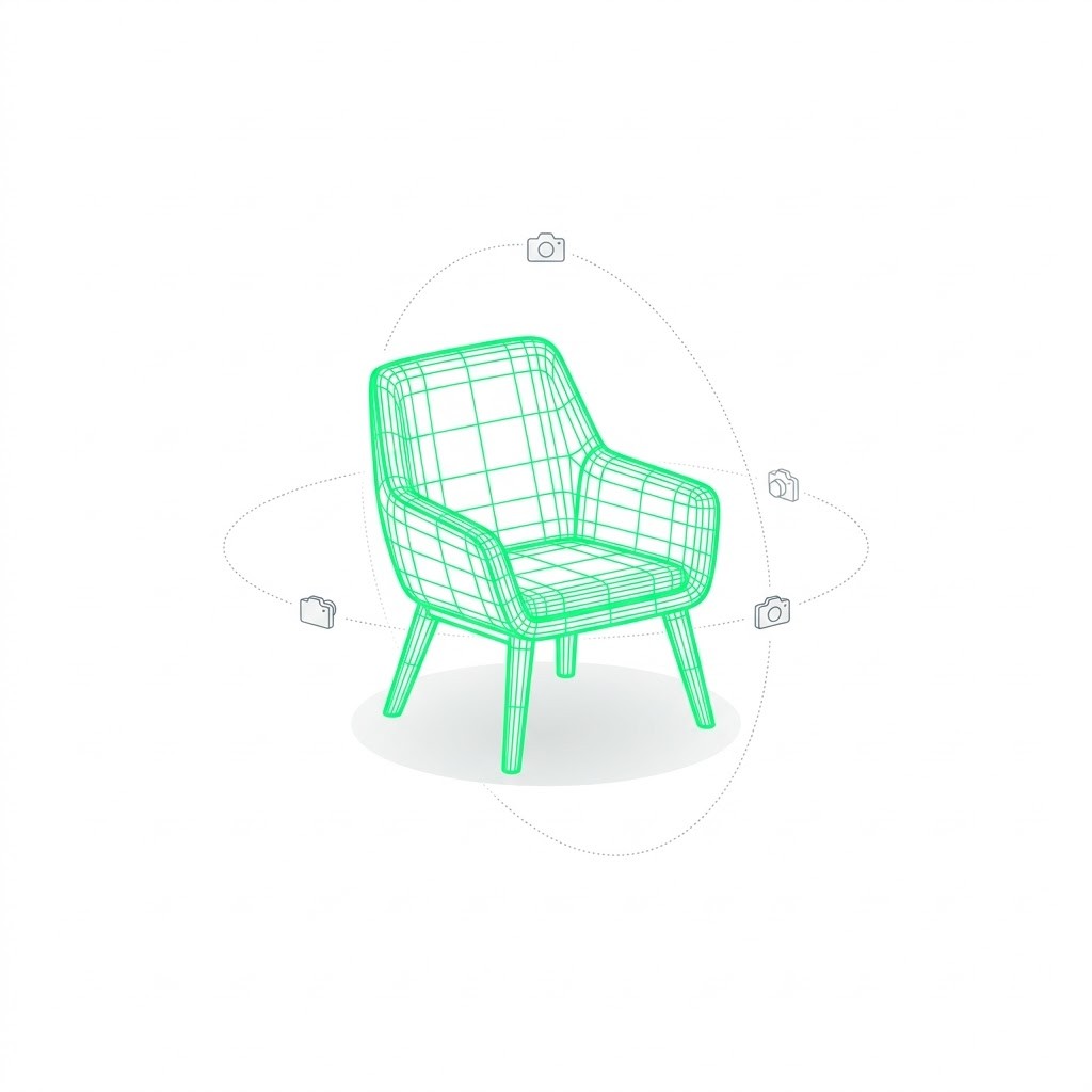 A wireframe armchair orbited by cameras at front, side, top and three-quarter angles