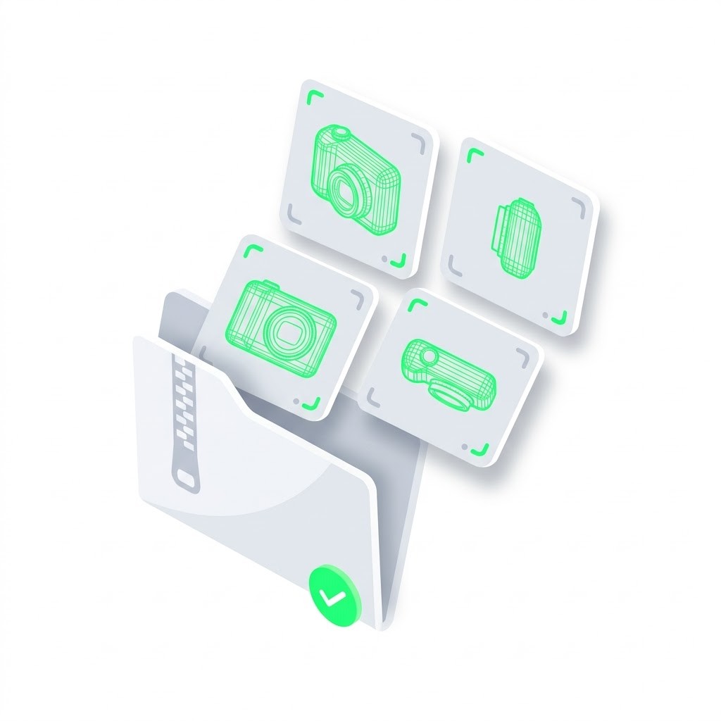 Wireframe renders from several angles sliding out of a ZIP folder